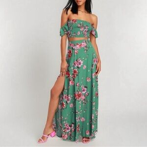 Lulus Away On Vacay Green Floral Print Two-Piece Maxi Dress. NWT.